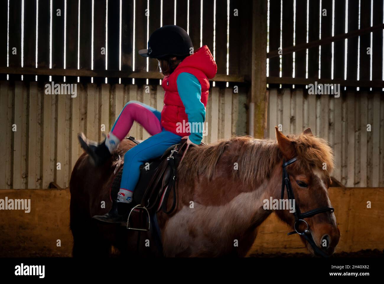 Une jeune fille qui fait « autour du monde » pour tourner en selle pendant des leçons d'équitation dans une arène équestre Banque D'Images