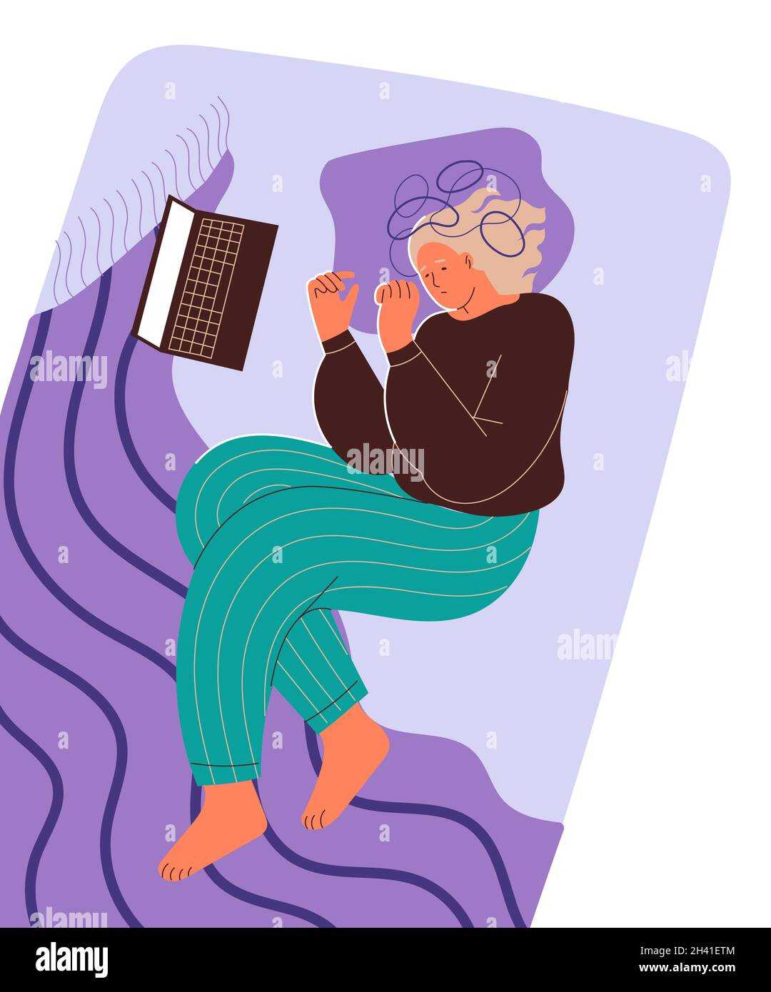 Seule, femme souffrant couché sur un lit. Illustration de Vecteur