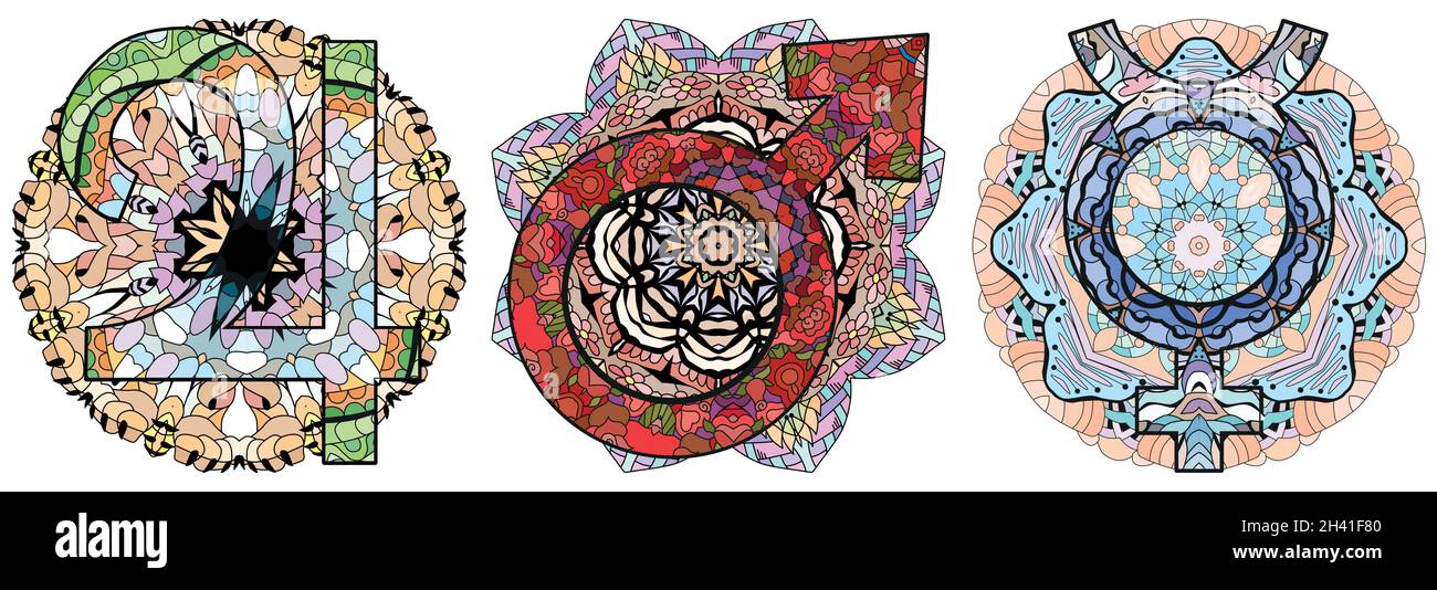 Signes astronomiques avec mandalas, astrologie concept art. Tattoo design.Jupiter, mars et Mercure Illustration de Vecteur