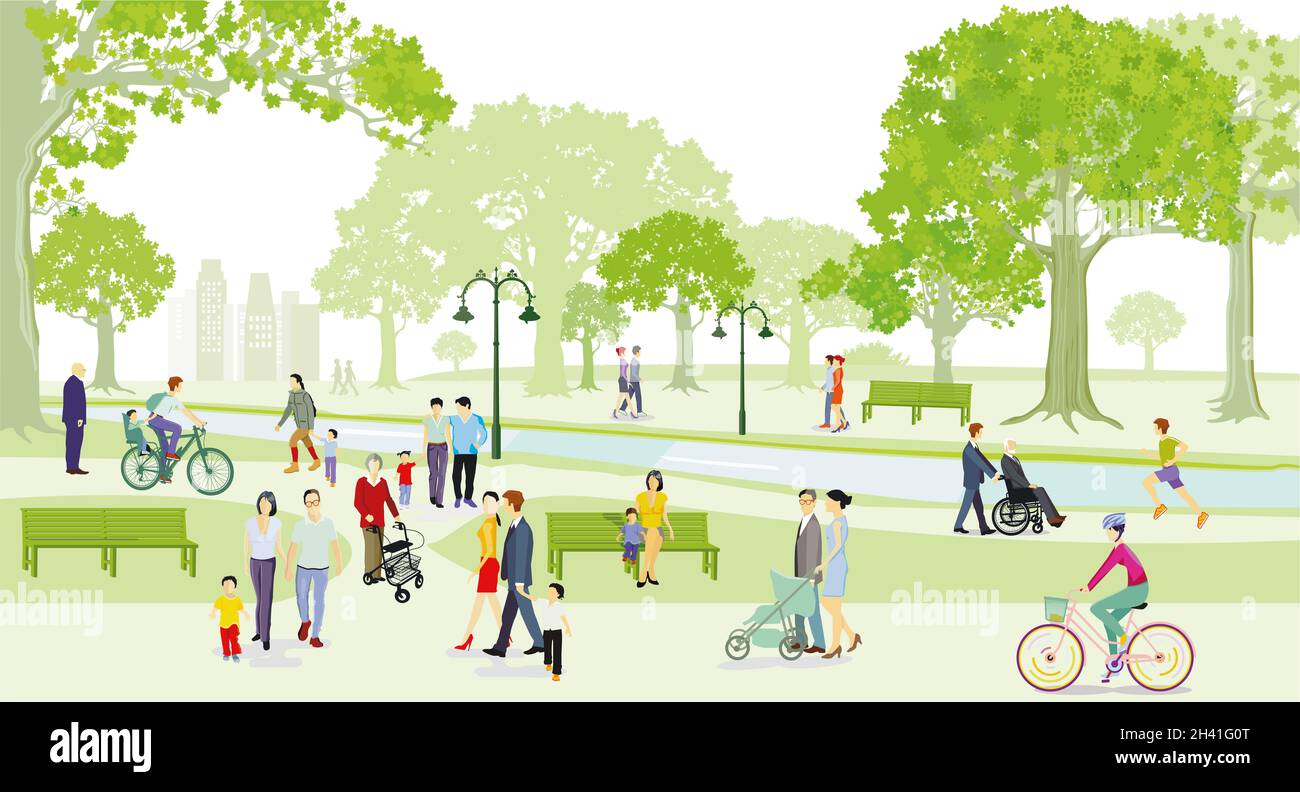 Loisirs en famille dans le parc, course à pied et à vélo, illustration Banque D'Images