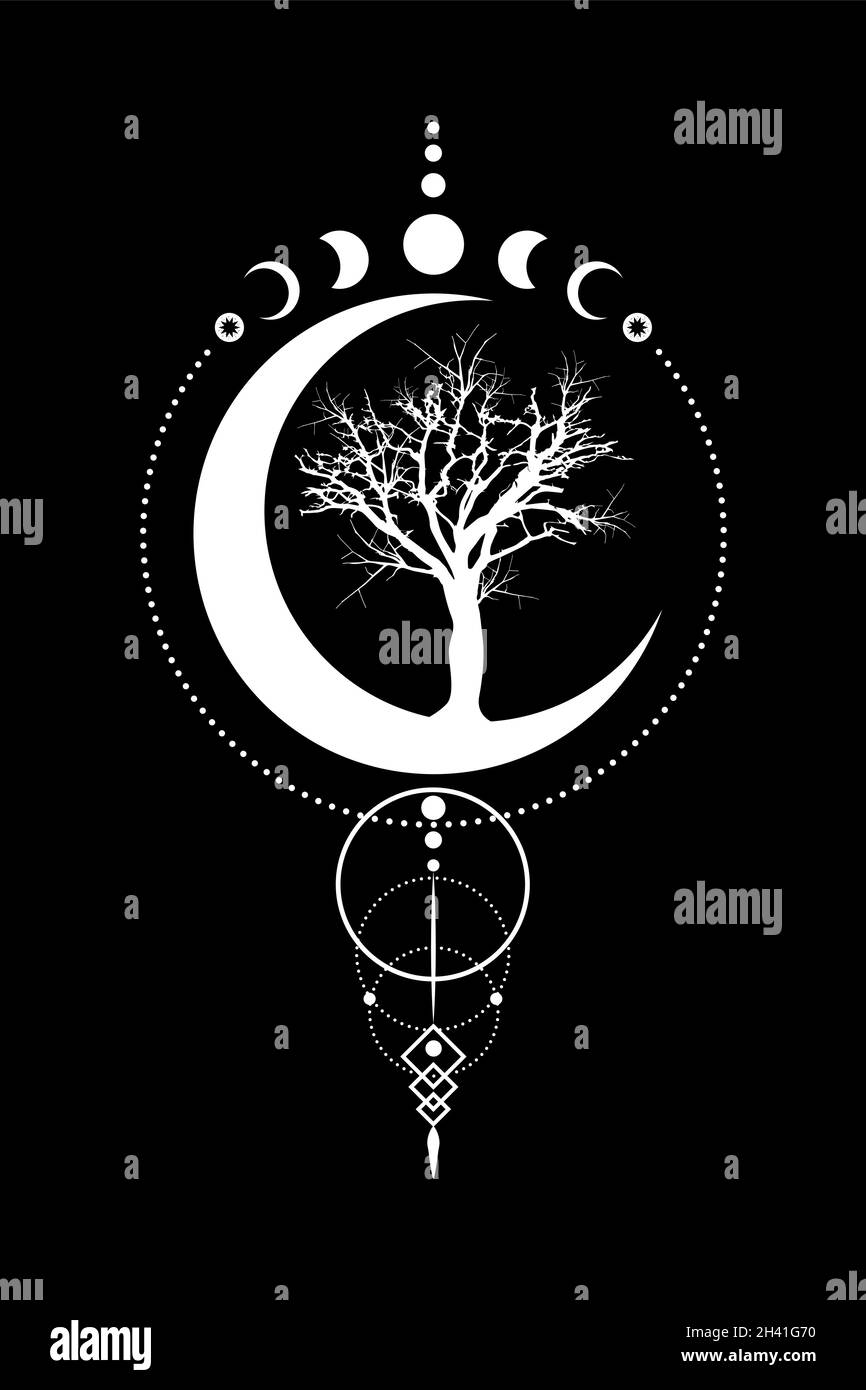 Phases mystiques de la Lune, arbre de vie, géométrie sacrée.Triple lune, demi-lune païen symbole de déesse Wiccan, silhouette wicca bannière signe, cercle d'énergie, Illustration de Vecteur