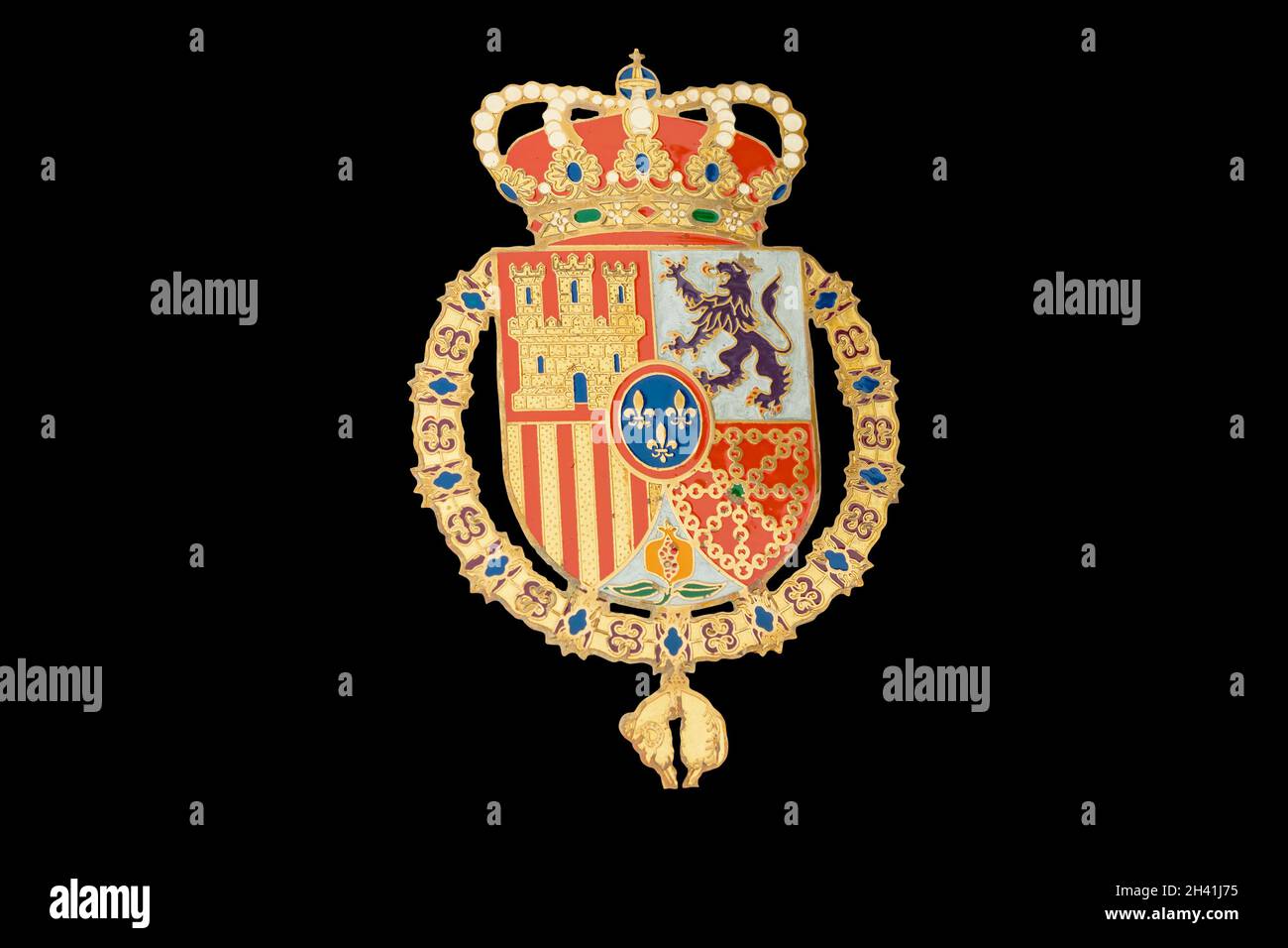 Armoiries de l'Espagne isolées sur fond noir Banque D'Images