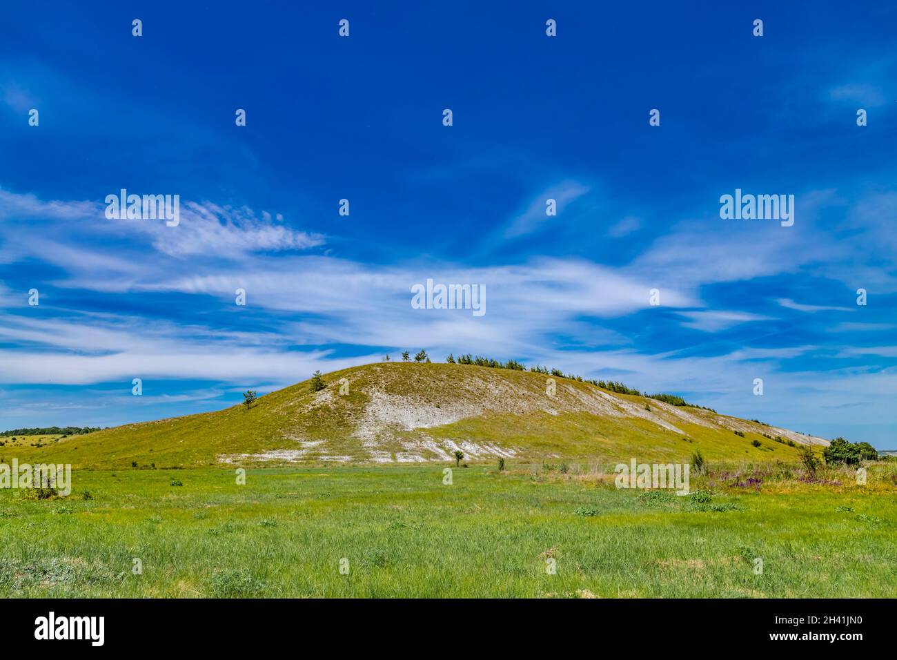 Rochers de craie blanche ou montagnes ou collines dans la steppe de craie, la réserve naturelle nationale de Dvorichanski en Ukraine, région de Kharkiv Banque D'Images