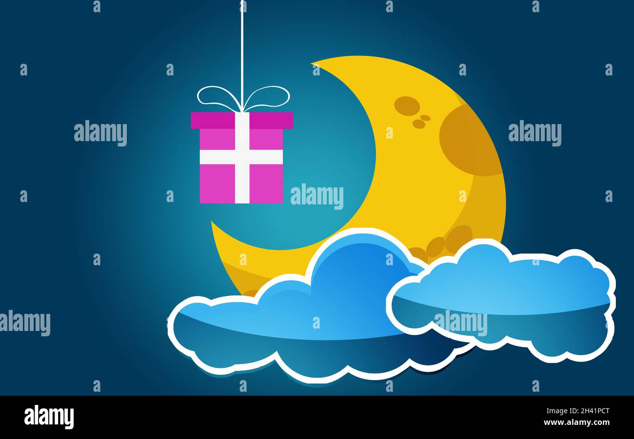 Étoiles de lune nuageuse avec cadeau rose Banque D'Images