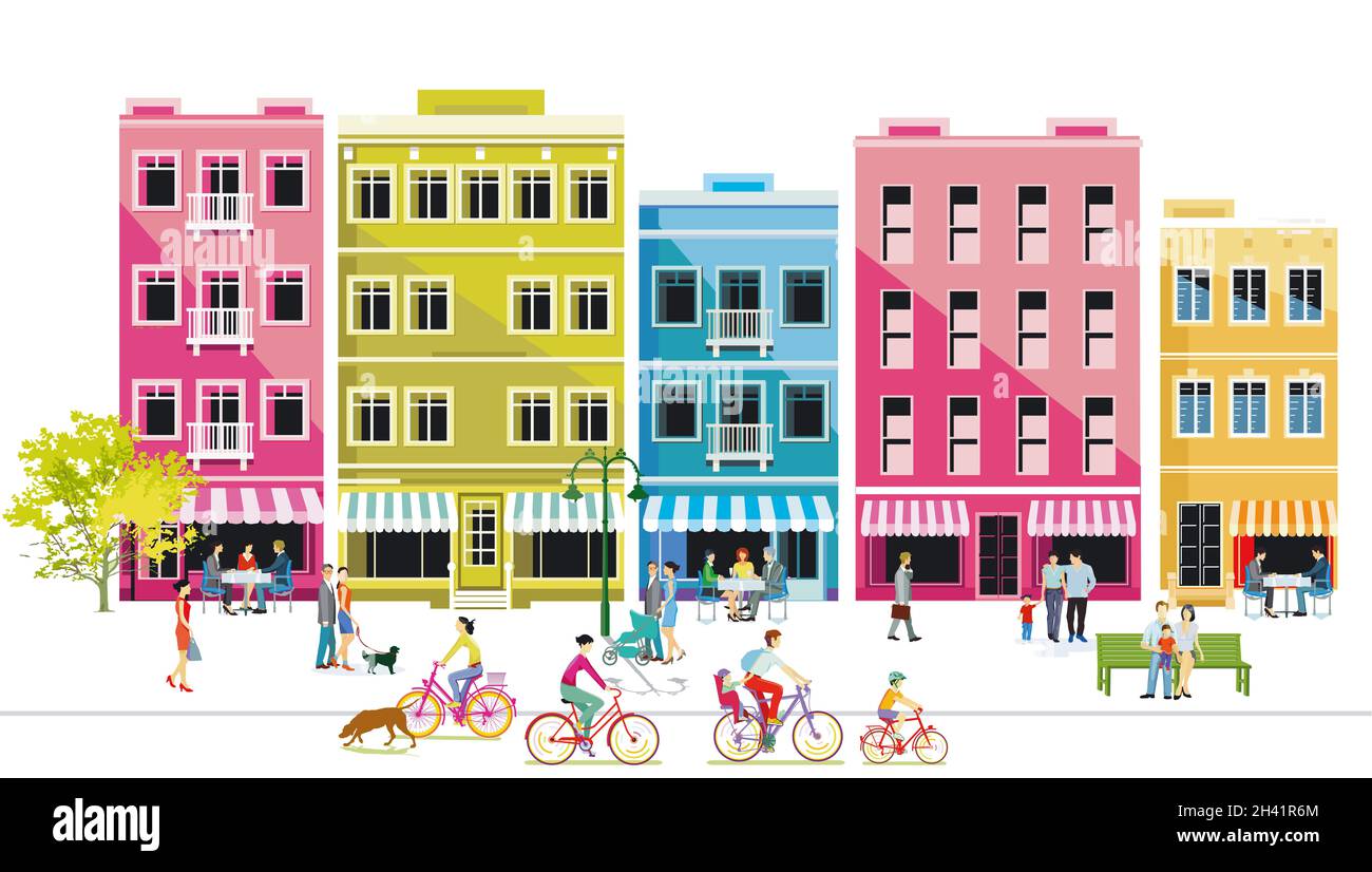 Ville avec piétons et familles à temps libre, zone sans voiture, illustration Banque D'Images