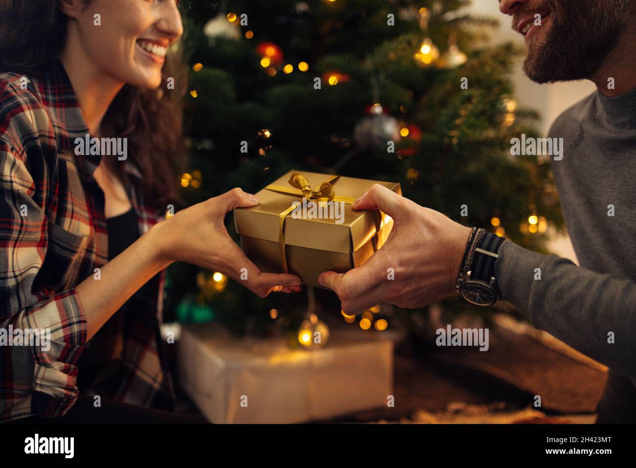 Gros plan d'un couple tenant une boîte cadeau à la main avec un arbre de Noël en arrière-plan.Joyeux couple fêtant Noël avec des cadeaux. Banque D'Images