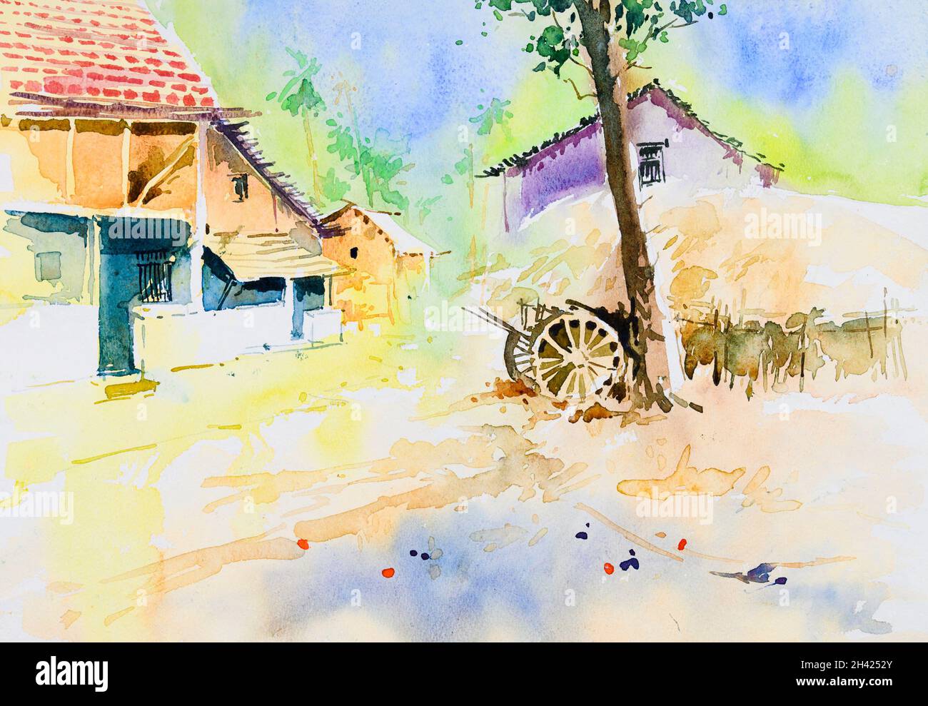 Peinture d'aquarelle de village indien brillant , illustration ..., حجم الصورة 1300x989