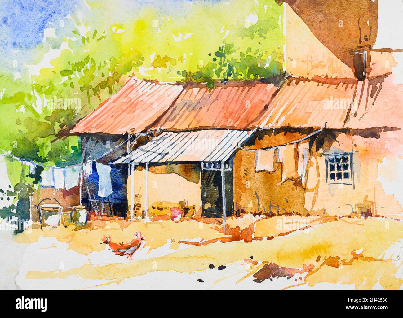 Peinture aquarelle de maisons étroitement construites.Illustration peinte à la main.Village indien. Banque D'Images