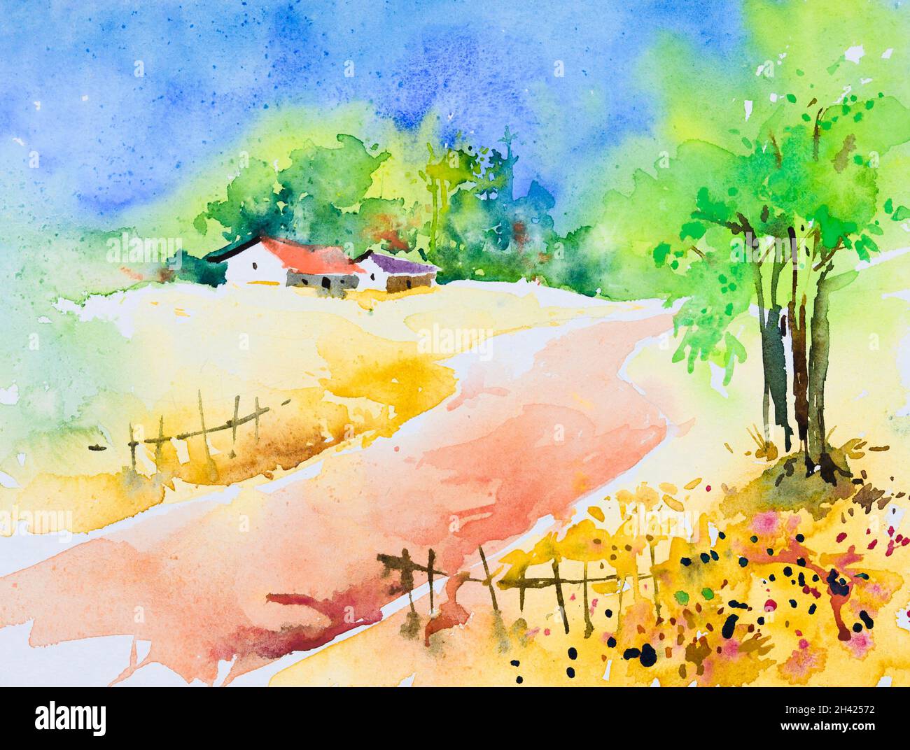 Peinture d'aquarelle de village indien brillant , illustration ..., حجم الصورة 1300x1072