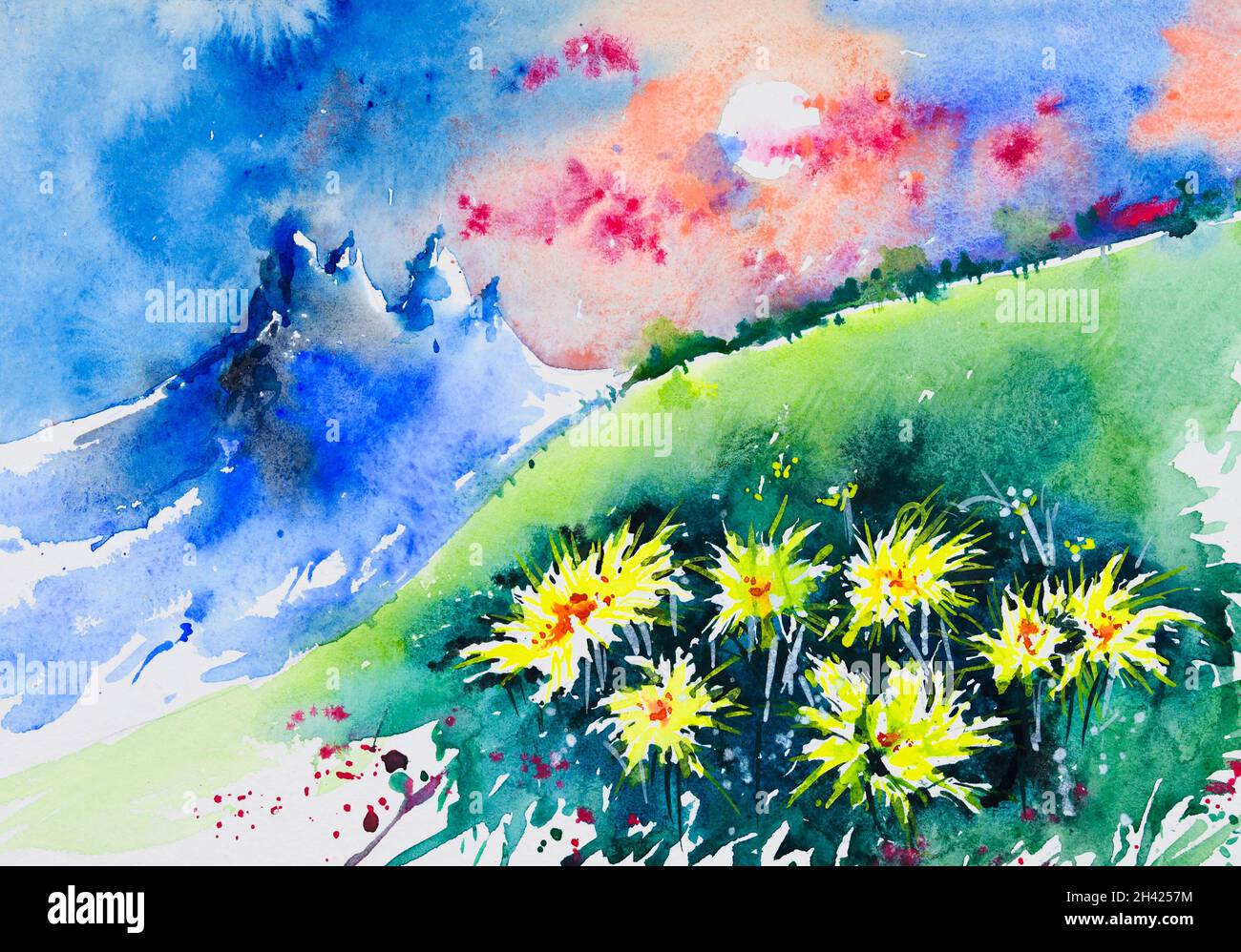 Belle peinture aquarelle des montagnes le matin, un champ rempli de fleurs sauvages brillantes.Illustration aquarelle peinte à la main.Montagnes Banque D'Images