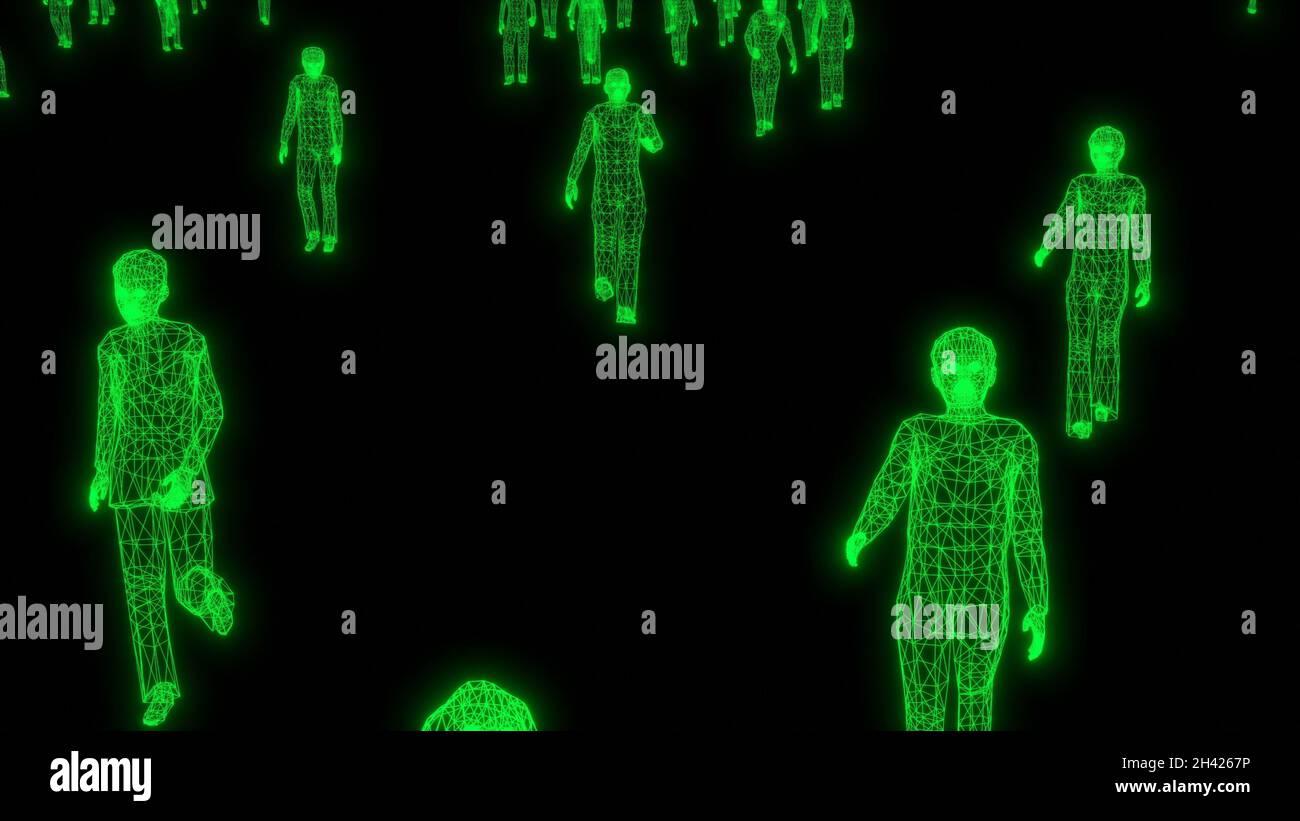 Green People Matrix réseau de communication numérique corps humain concept de données Code binaire rendu 3d Banque D'Images