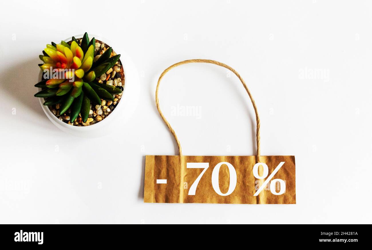 70 OFF texte sur étiquette marron et arrière-plan blanc isolé, à côté de la fleur de cactus.Peut être utilisé comme concept marketing Banque D'Images