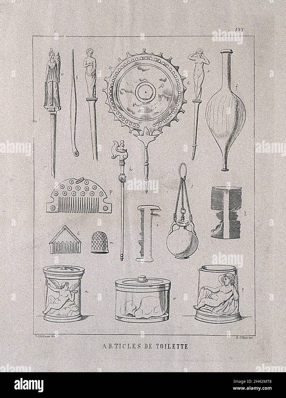 Ancien romain (?)accessoires de toilette : seize figurines, dont des peignes, un miroir et divers récipients.Gravure par A. Ottieri après V. Molame, 18--? Banque D'Images