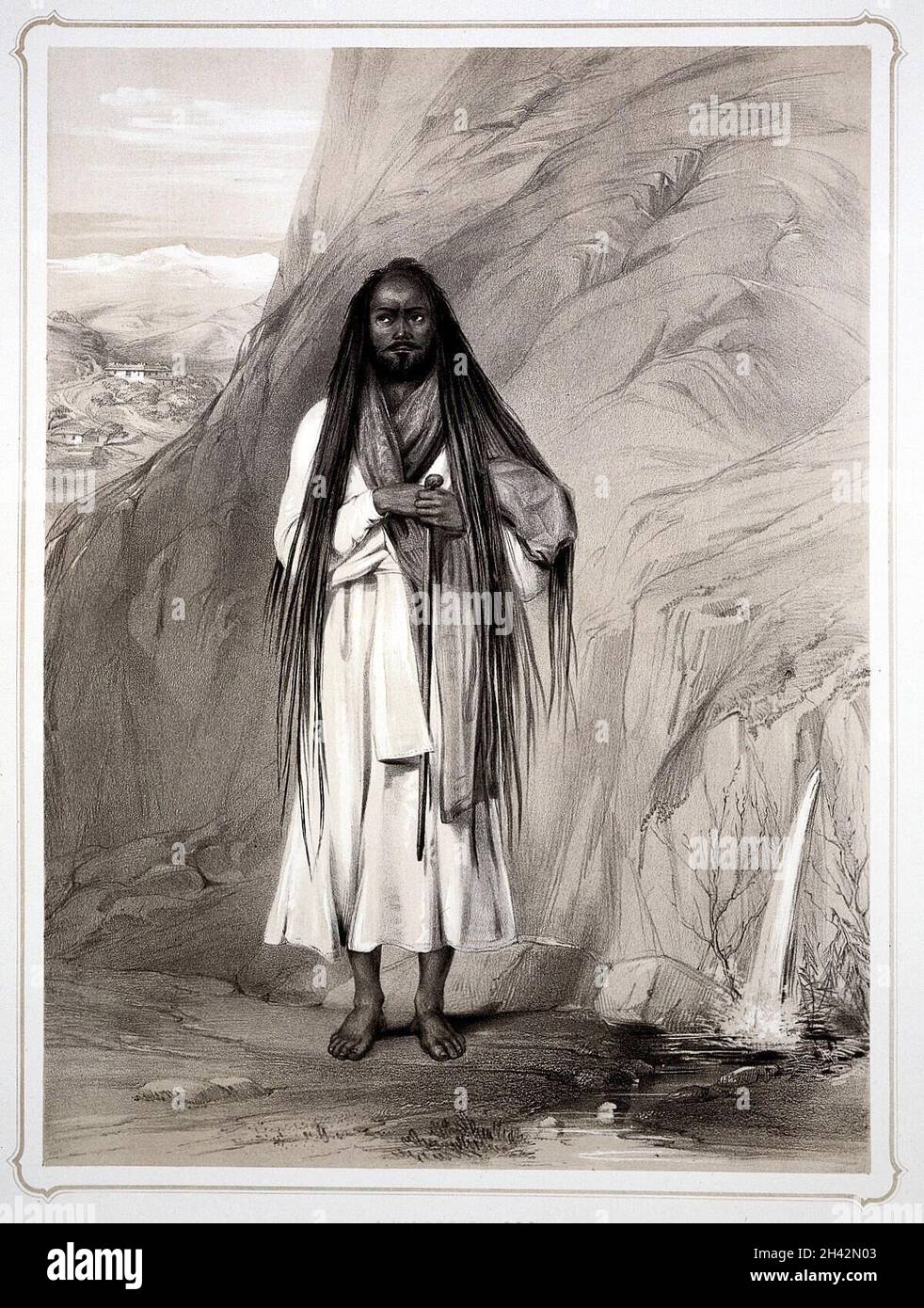 Un homme hindou (sadhu) aux cheveux longs, au manteau et au bâton de marche se tient près d'un rocher dont l'eau est source.Lithographie par L.C.Dickinson, 1844 ans, d'après Emily Eden. Banque D'Images