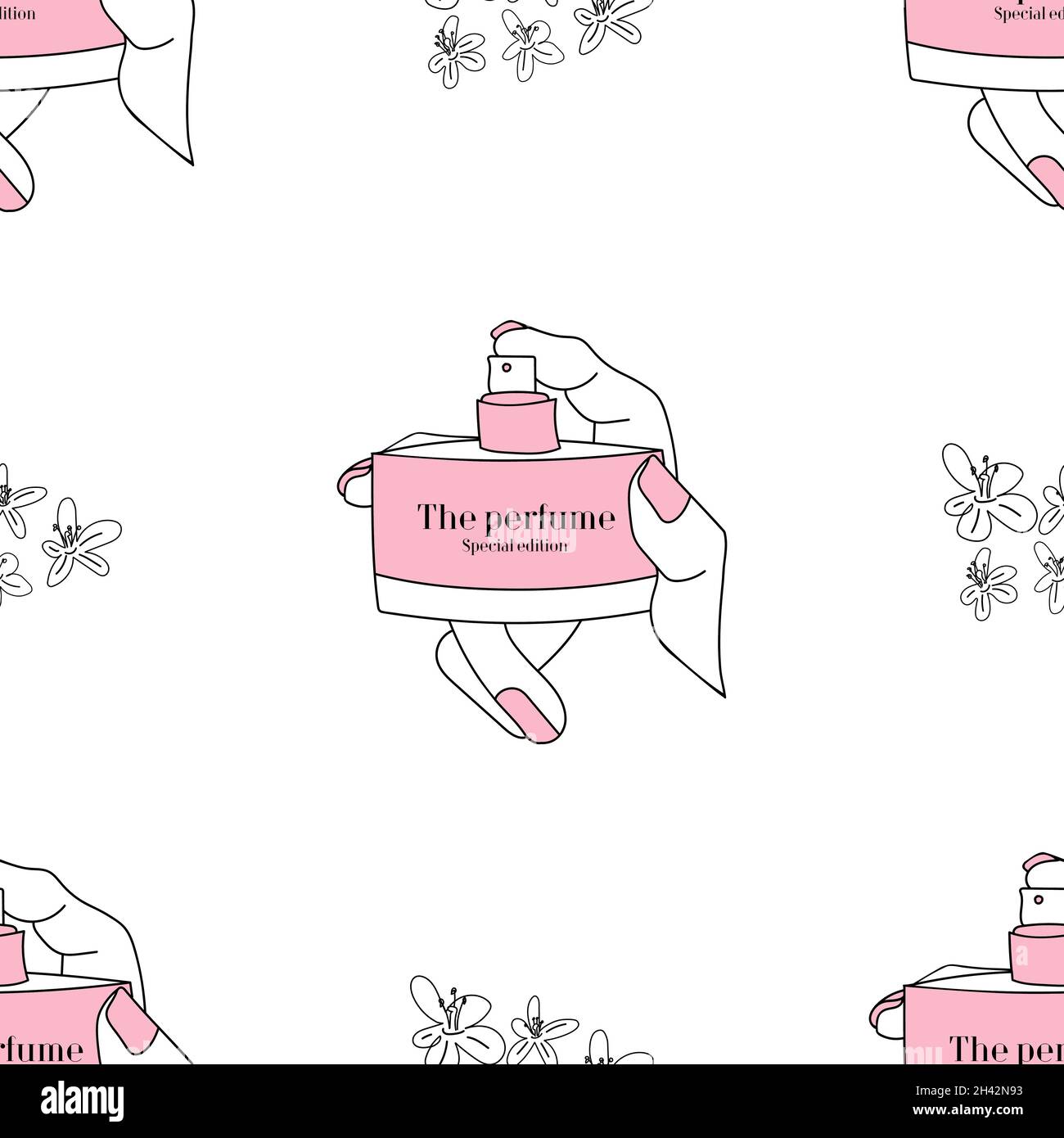 Arrière-plan modèle sans couture avec une bouteille de parfum dans les mains d'une fille avec une manucure rose.Fleurs volantes d'une bouteille. Illustration de Vecteur