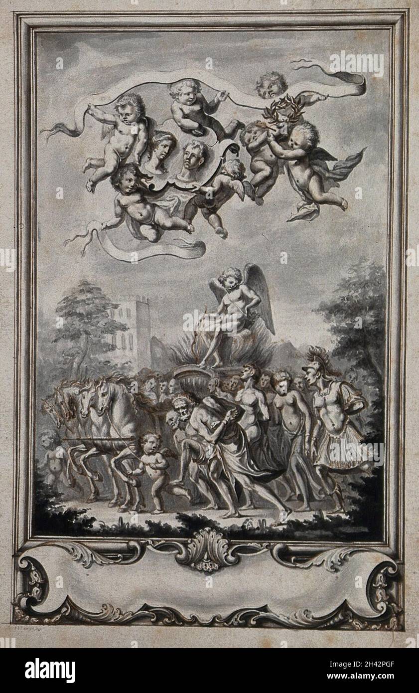 Eros (Cupid) est porté en triomphe sur un char dessiné par pour des chevaux blancs et entouré d'une foule; au-dessus, putti tenant une couronne de Laurier et les portraits d'un homme et d'une femme; au-dessous, une cartouche rococo.Dessin à l'encre. Banque D'Images