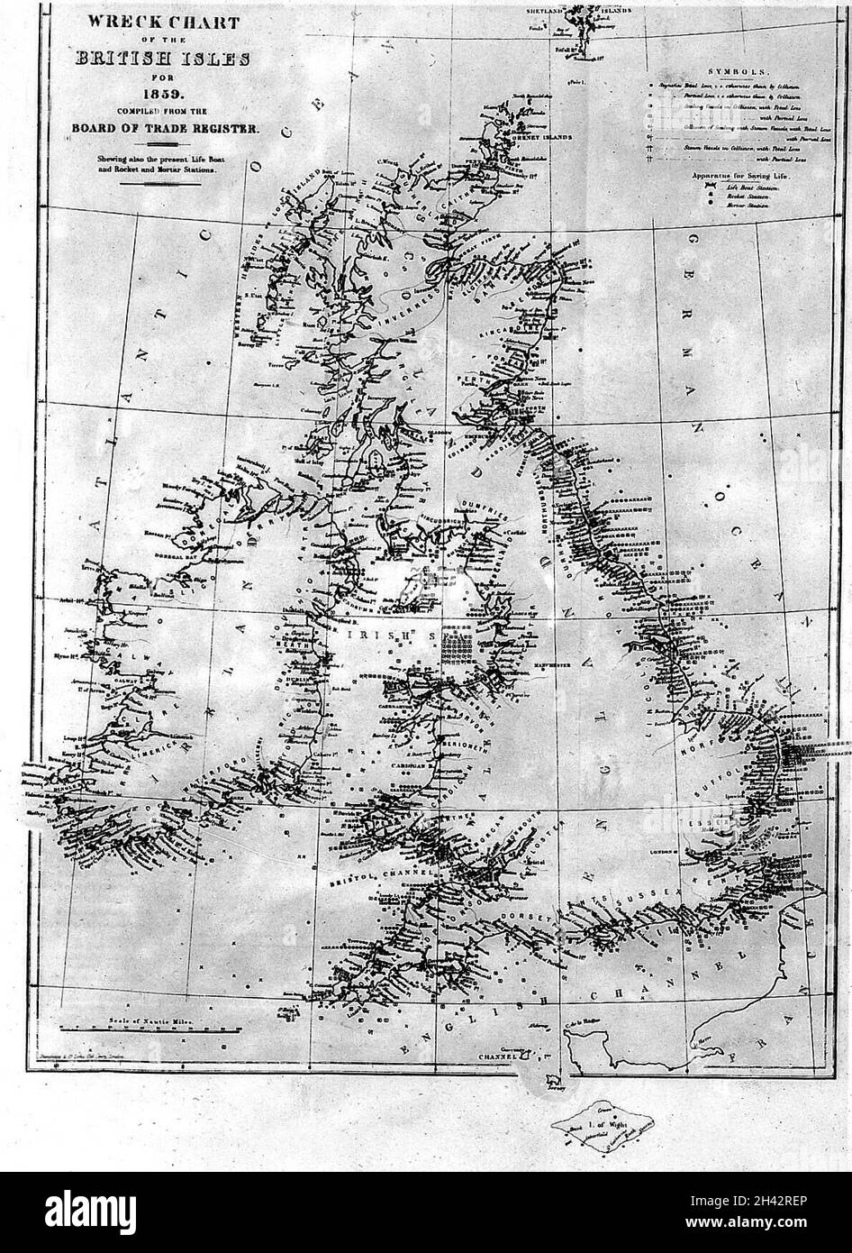 Carte d'épave des îles britanniques, 1859. Banque D'Images