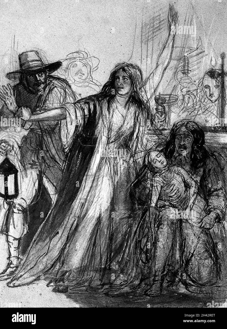 Un homme assis tenant un enfant victime de la peste, une femme retient un autre homme.Dessin à la craie par E.M.Quartier, 1848. Banque D'Images