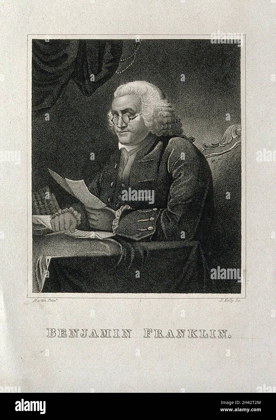 Benjamin Franklin.Gravure à l'aide d'une créplet par T. Kelly d'après D. Martin, 1767. Banque D'Images
