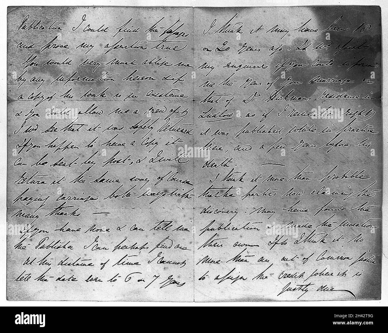 Lettre manuscrite de Thomas Dudley à H.H.Hickman, en date du 24 janvier 1847 Banque D'Images