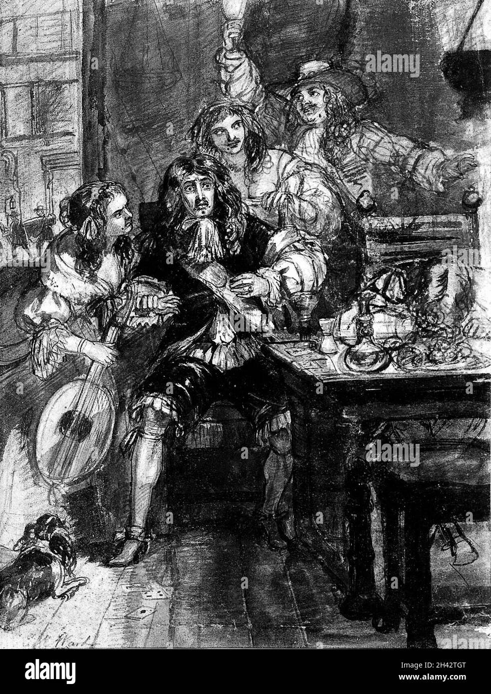Un homme terrifié se rendant compte qu'il vient de contracter la peste, entouré d'un groupe de personnes.Dessin à la craie par E.M.Quartier, 1848. Banque D'Images