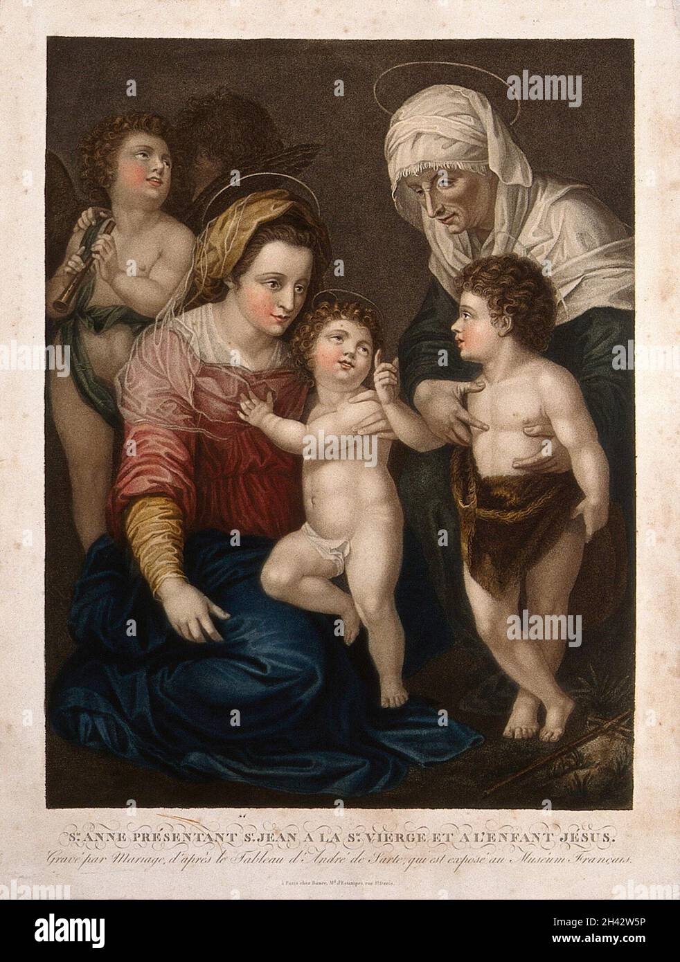 Sainte Marie (la Sainte Vierge) avec le Christ enfant, Saint Jean le Baptiste, Saint Elizabeth ou Sainte Anne et un ange.Gravure à l'aide de crépi de couleur par L.F.Mariage après A. del Sarto. Banque D'Images