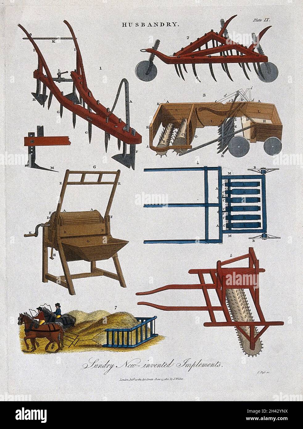 Agriculture: Une charrue, et divers autres outils.Gravure colorée par J. Pass, 1810. Banque D'Images