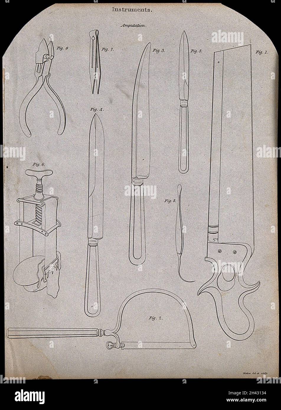 Instruments chirurgicaux pour amputations.Gravure par Mutlow. Banque D'Images