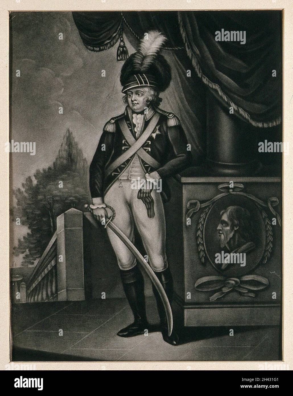 Roi George IV comme prince de Galles, portant un uniforme militaire et tenant une épée.Mezzotint, 1800. Banque D'Images