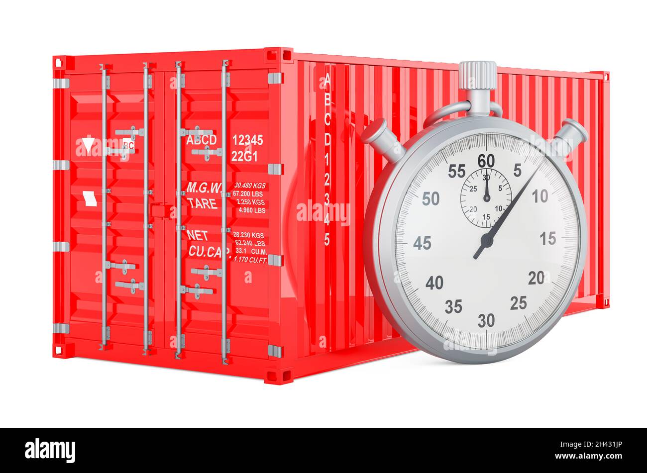 Conteneur de chargement avec chronomètre.Concept de livraison rapide, rendu 3D isolé sur fond blanc Banque D'Images