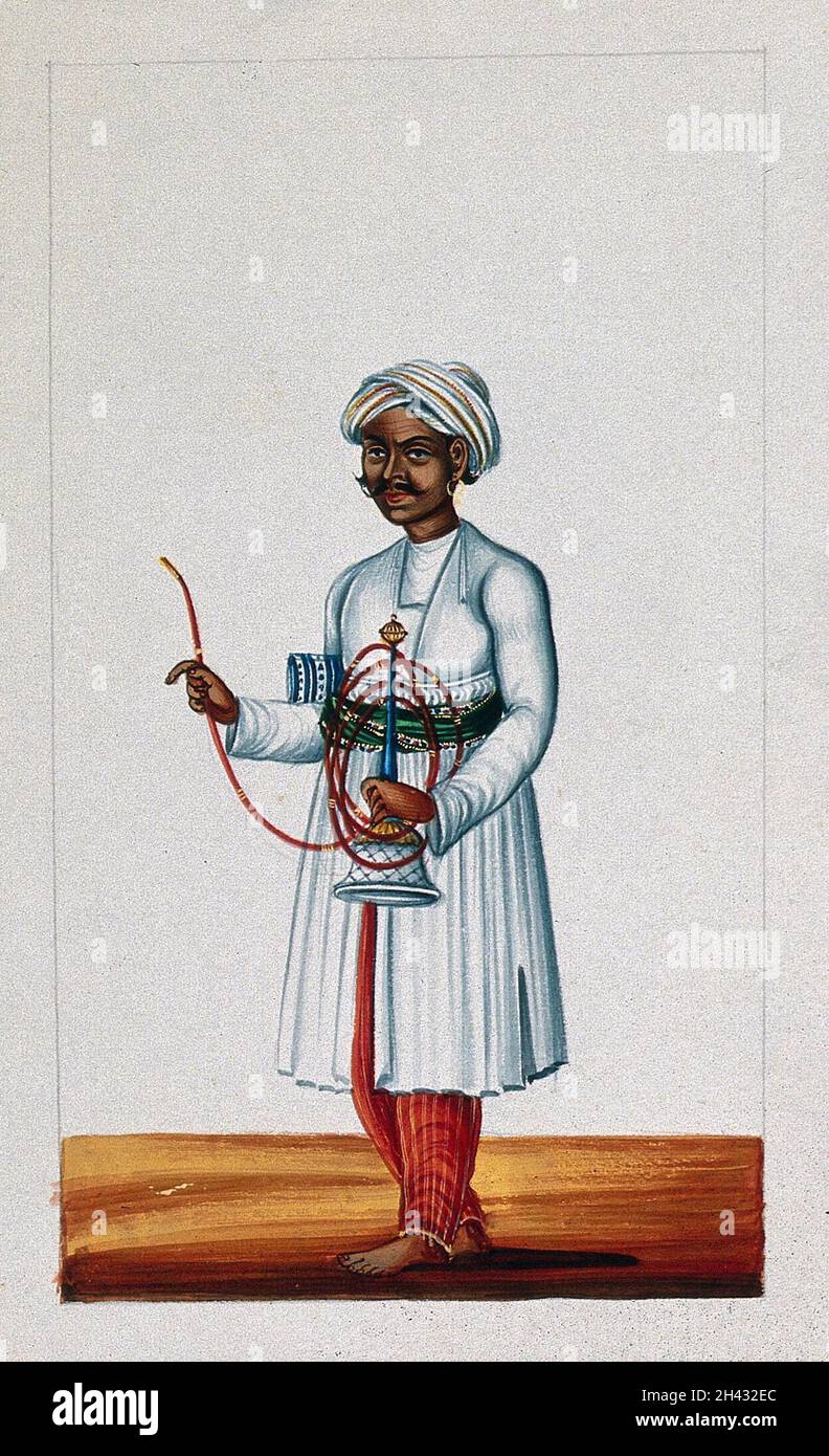 Un homme tenant un narguilé (pipe fumeur).Peinture de gouache par un peintre indien. Banque D'Images