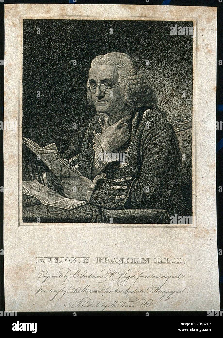 Benjamin Franklin.Gravure à l'aide de C. Goodman & R. Piggott, 1818, d'après D. Martin, 1767. Banque D'Images