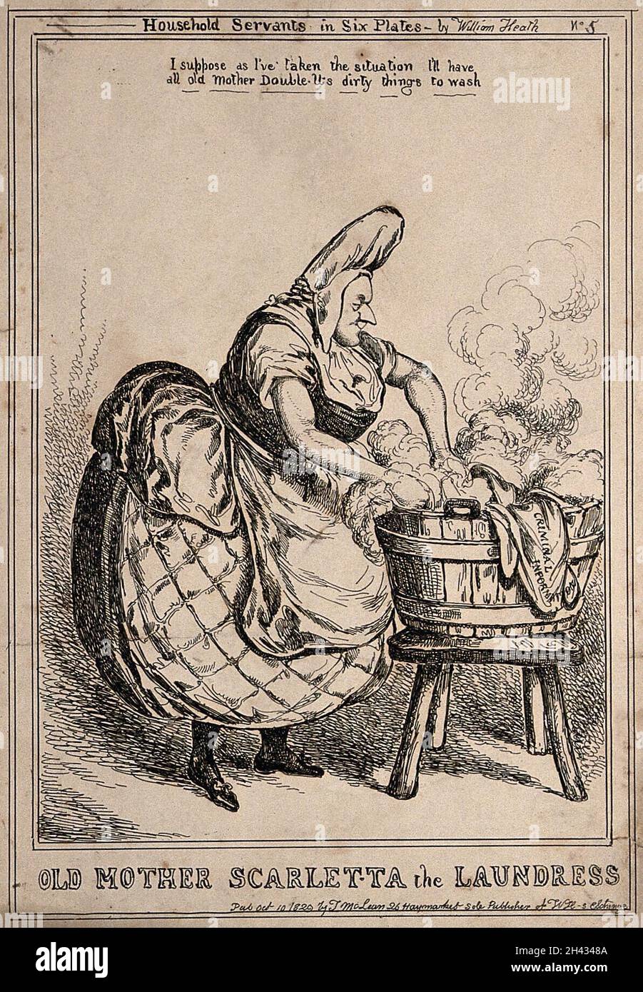 Une très grande femme frotte les vêtements dans une grande baignoire remplie d'eau chaude savonneuse.Gravure par William Heath. Banque D'Images