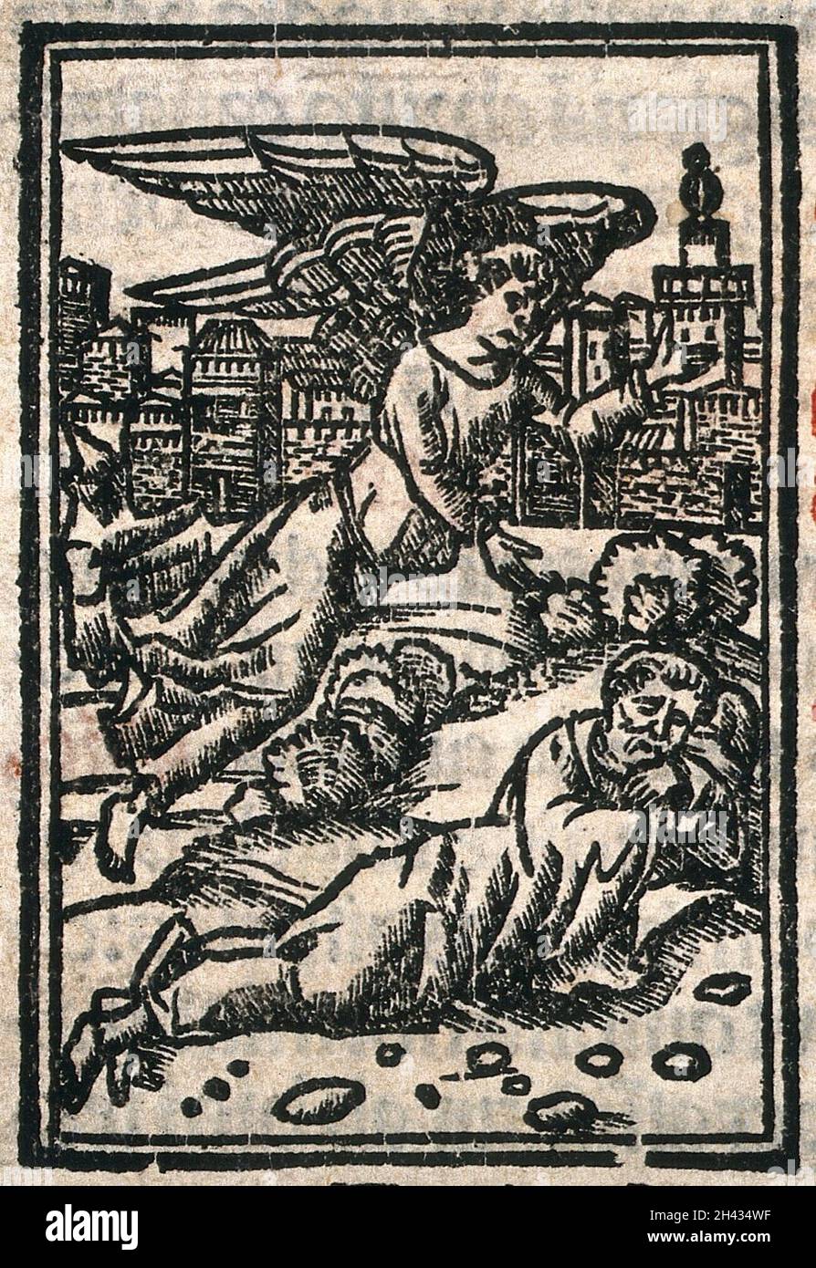 Un ange apparaissant à un homme endormi.Coupe de bois. Banque D'Images