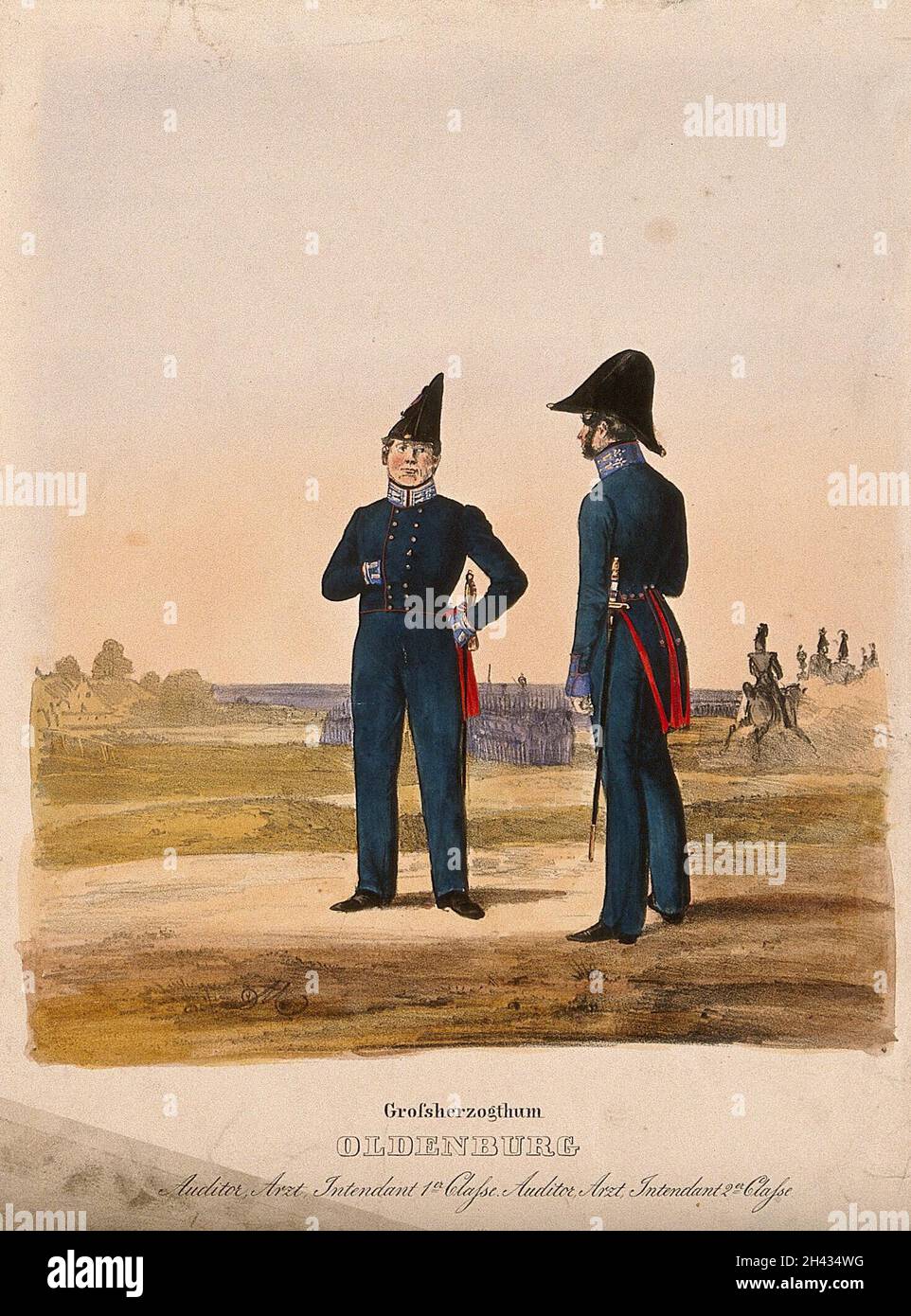Deux médecins de l'armée allemande en uniforme se tenant sur le terrain de la Maison d'Oldenburg.Lithographie colorée, c.1870. Banque D'Images