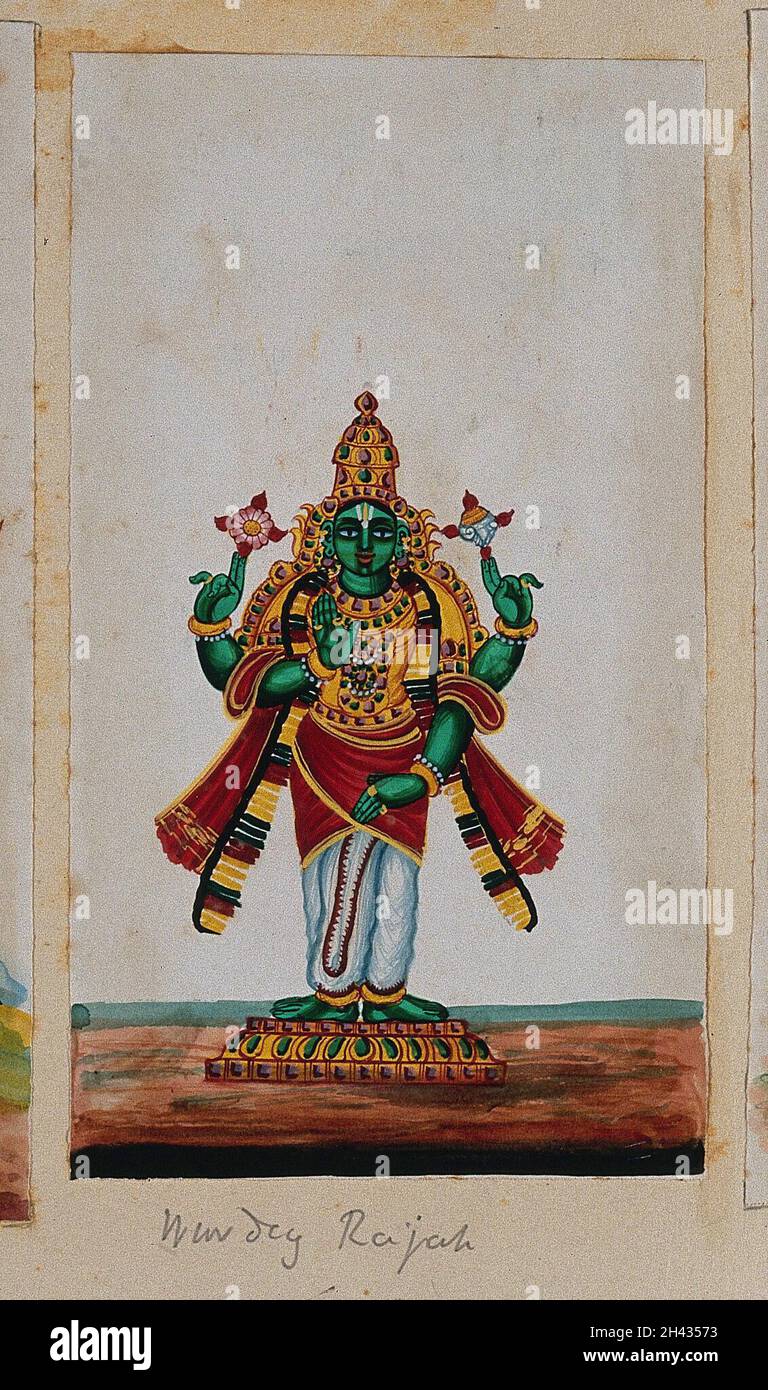 Une déité indienne (?)tenant un conch et une fleur de lotus.Peinture de gouache par un artiste indien. Banque D'Images