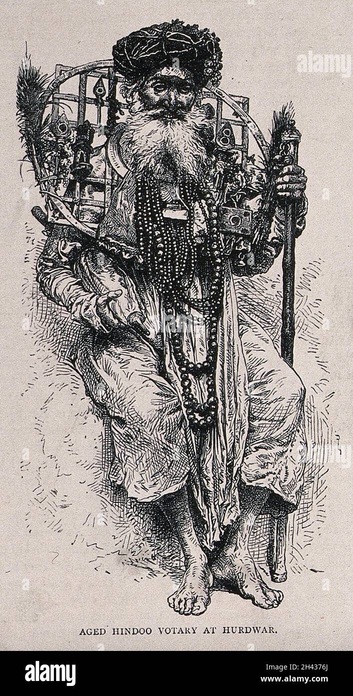 Un vieil homme hindou ascétique, ou Saint : assis, avec un réseau circulaire autour de son cou.Gravure, env.1890 (?). Banque D'Images