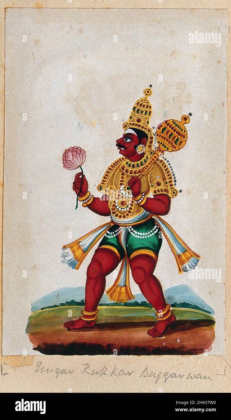 Une déité indienne tenant une mace et une fleur de lotus.Peinture de gouache par un artiste indien. Banque D'Images