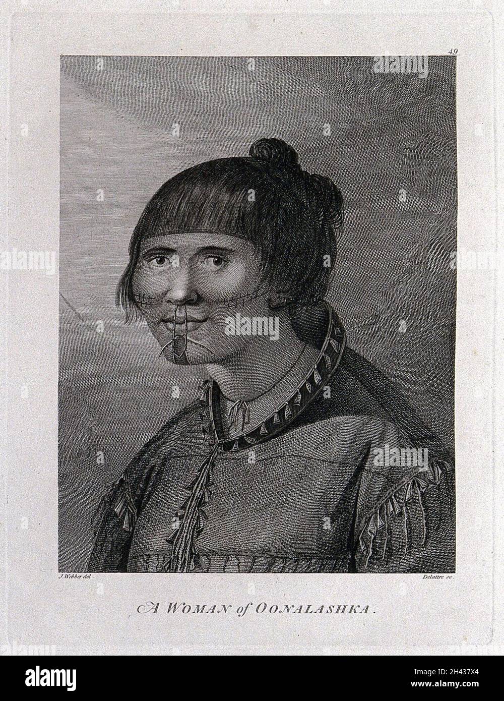 Une femme d'Oonalashka (Canada), tête et épaules; rencontrée par le capitaine Cook lors de son troisième voyage (1777-1780).Gravure de J.M.Delattre après J. Webber, 1780/1785. Banque D'Images