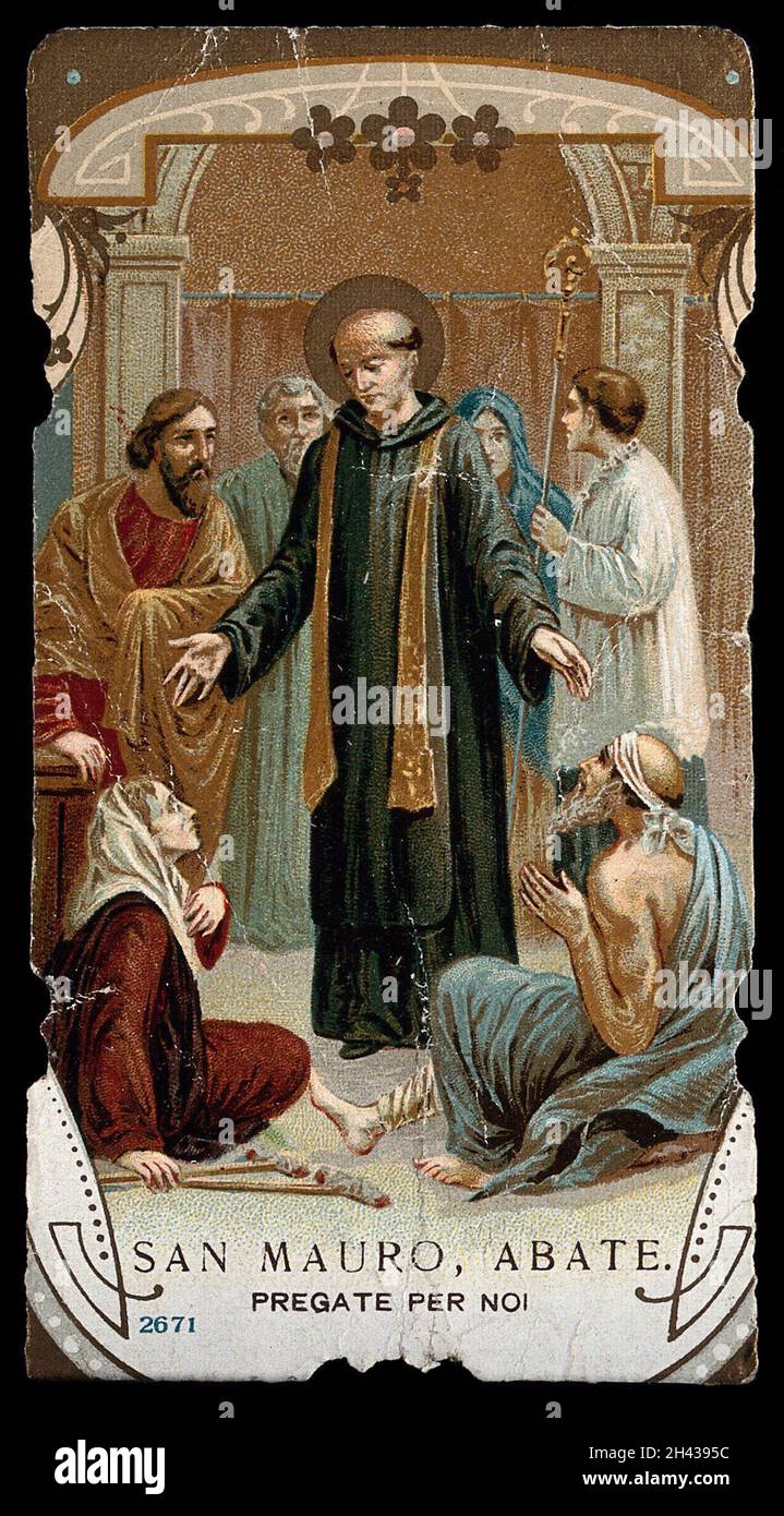 Saint Maurus, l'Abbé, vénéré par une femme lame et un pauvre homme.Impression couleur. Banque D'Images