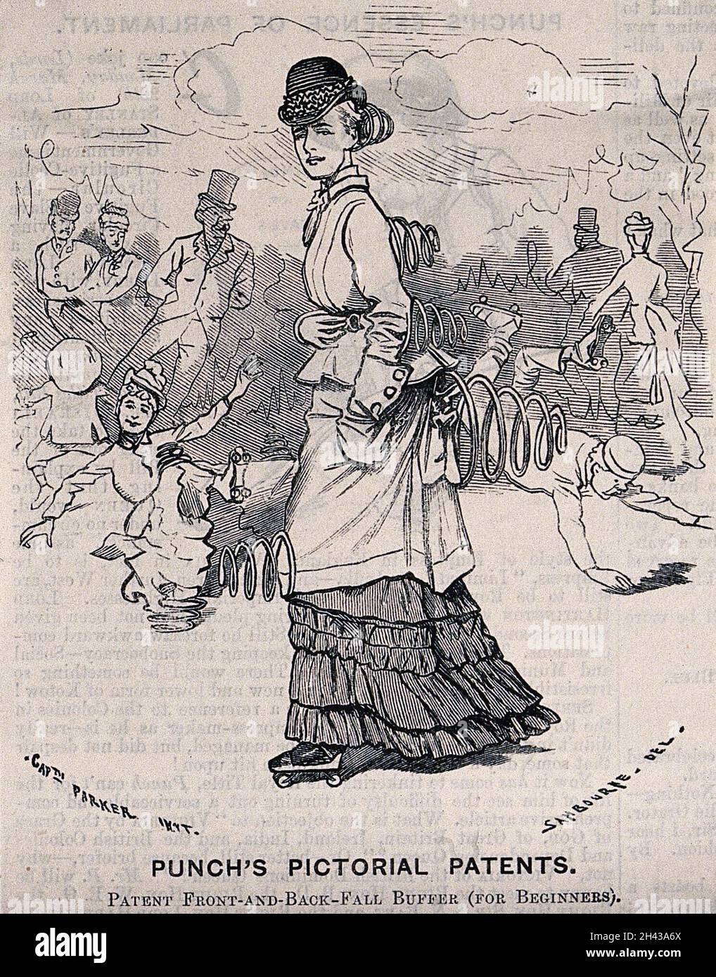 Une femme patine sur un lac gelé, elle a des ressorts attachés à son avant et à son arrière et se tient comme toutes les autres autour d'elle glissent sur la glace.Gravure en bois. Banque D'Images