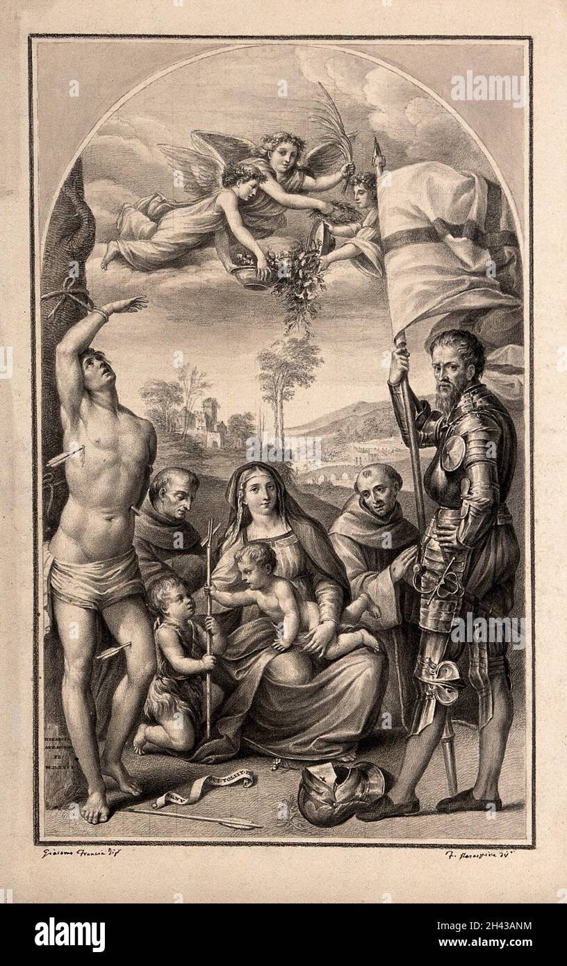 Saint Sébastien avec le bébé Saint Jean-Baptiste, Saint François, Saint Antony de Padoue ou Saint Bernardino et Saint George.Dessin de F. Rosaspina, c.1830, après G. Francia. Banque D'Images