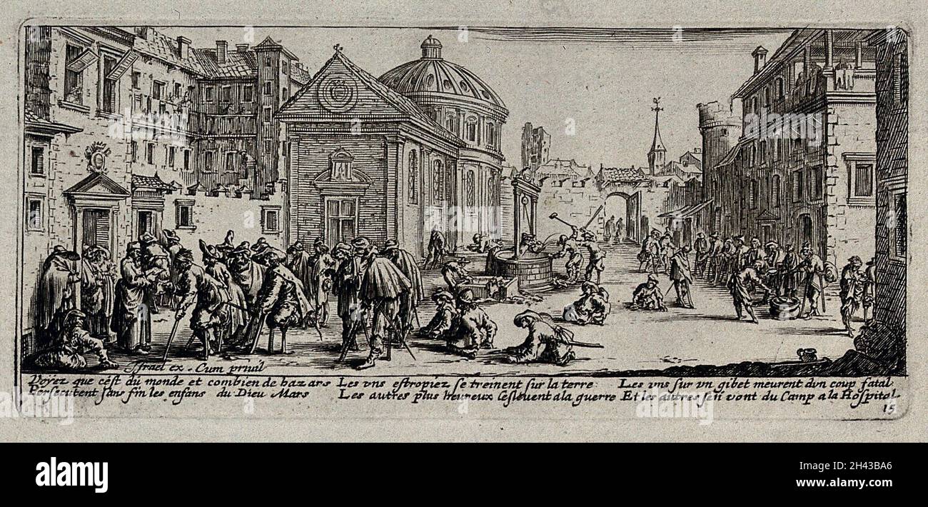 Des soldats paralysé se traînent vers les hôpitaux.Gravure par Jacques Callot, ca.1633. Banque D'Images