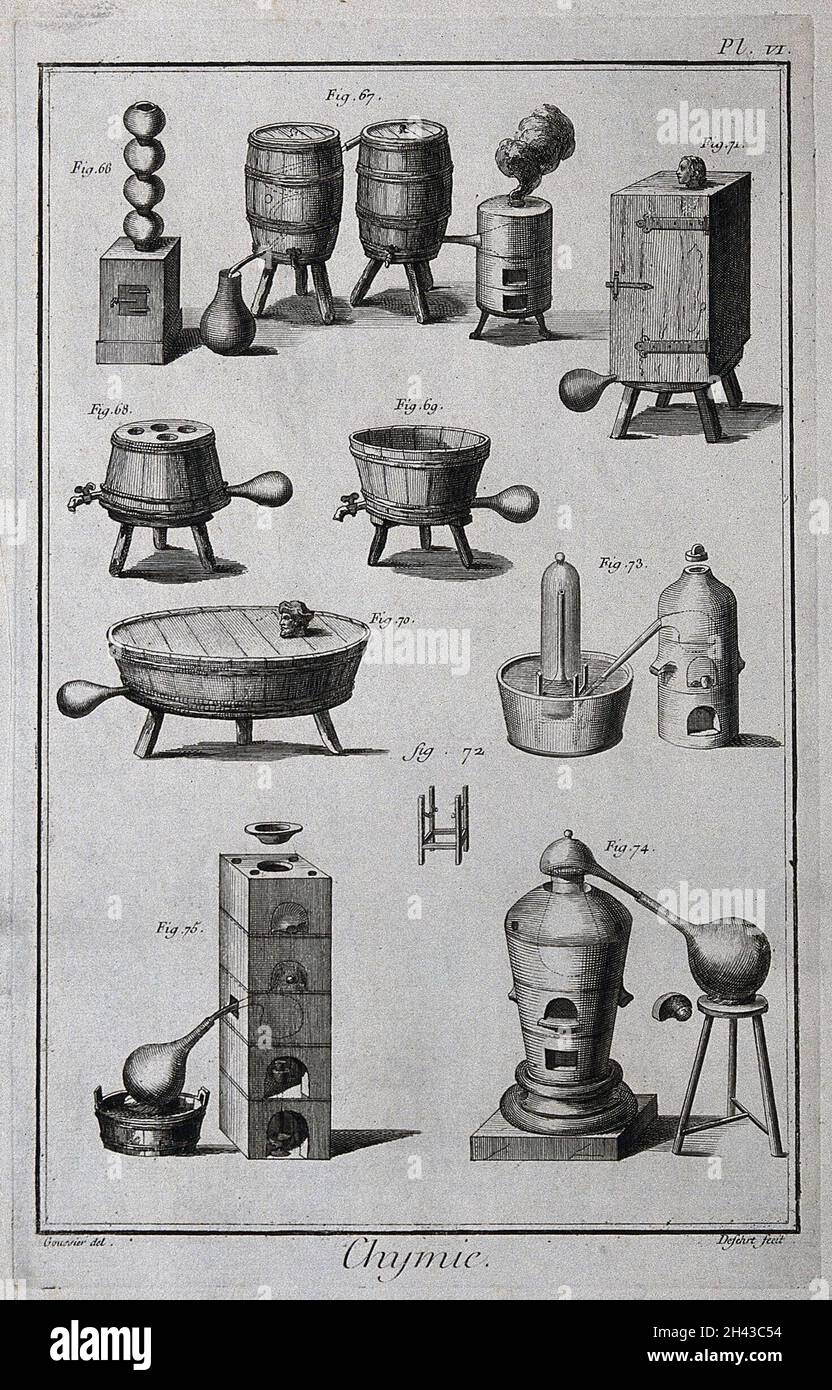 Chimie: Divers navires et fours, avec des hommes en bain [?]boîtiers.Gravure par A.J.Defehrt après L.J.Goussier. Banque D'Images