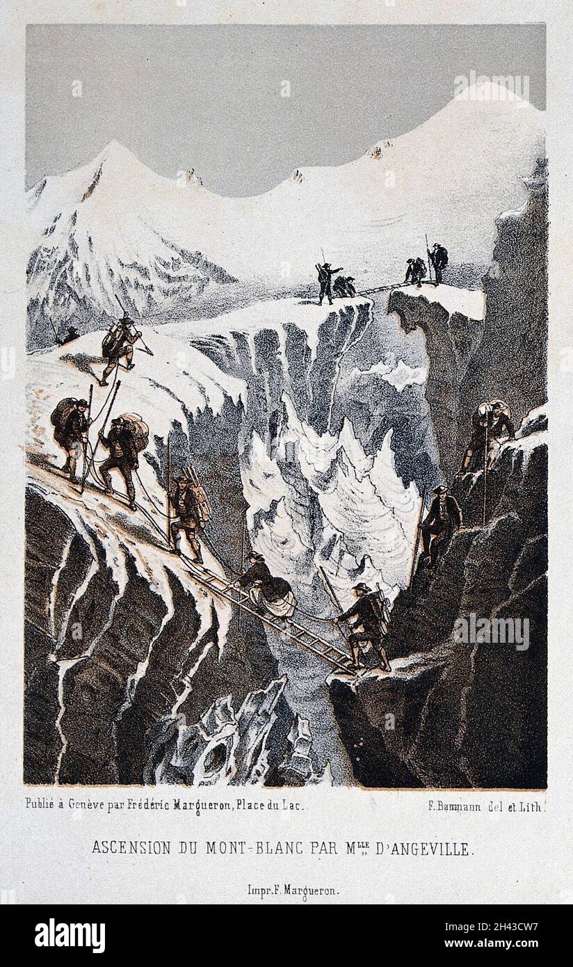 Henriette d'Angeville et son parti ascendant Mont blanc, 1838.Lithographie couleur par F. Baumann. Banque D'Images