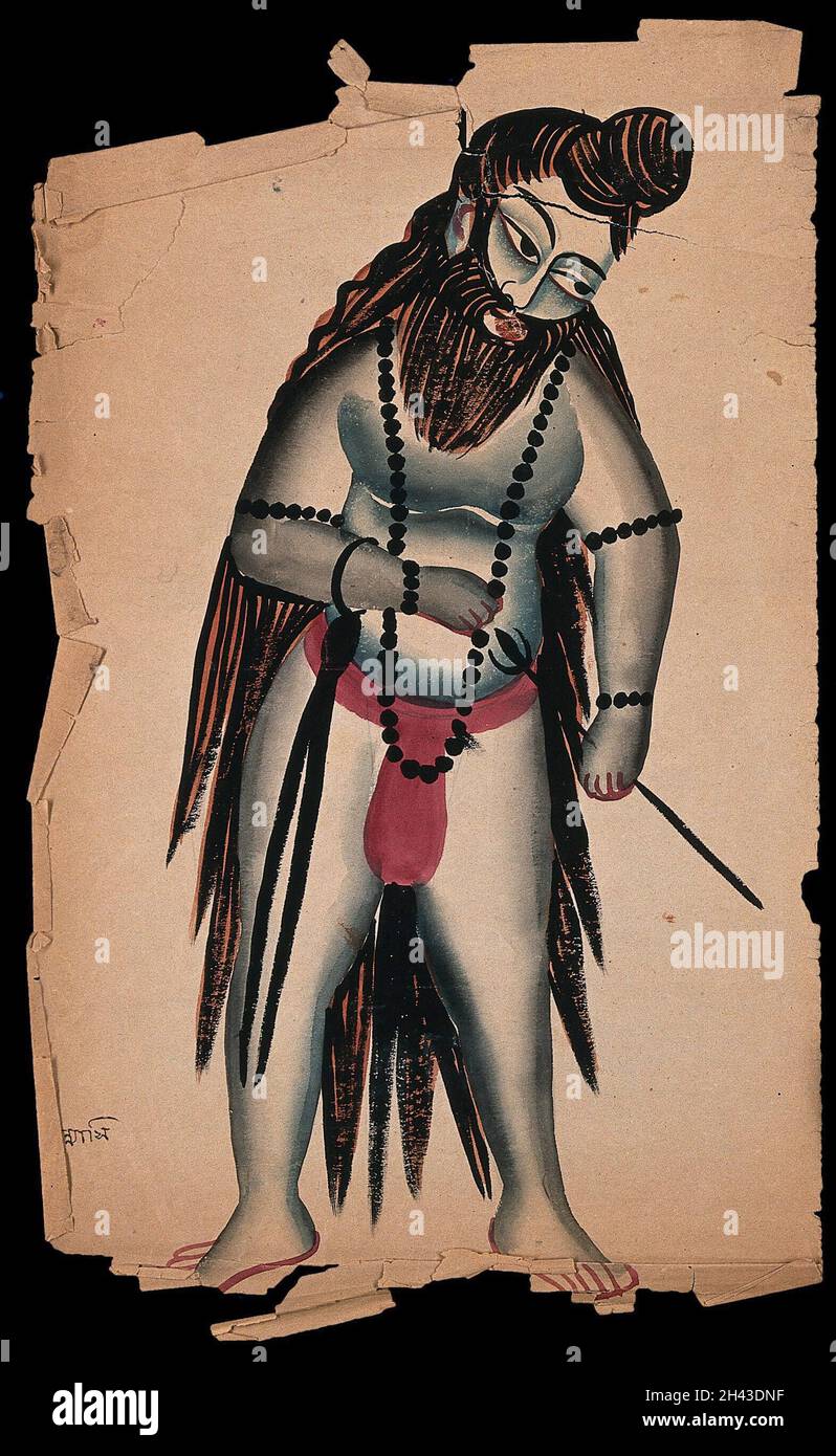 Un homme hindou ascétique, ou Saint: Tenir un trident.Dessin de gouache par un artiste bengali, ca.1880 (?). Banque D'Images