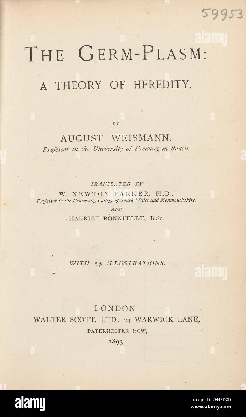 Titre du plasme germinal : une théorie de l'hérédité par August Weismann, Londres, Walter Scott, 1893 Banque D'Images