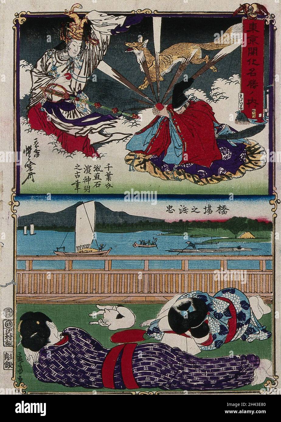 Au-dessus, deux divinités (?), dont l'une tient une balle rouge qui a des rayons et l'image d'un renard qui en émane; au-dessous, deux femmes sont couchés sur l'herbe avec un chat, avec le ferry Hashiba vu traversant la rivière Sumida entre Asakusa et MukÅjima, en arrière-plan.Bois de couleur de KyÅsai, image de botom de MÅsai (Yoshitora), ca.1870. Banque D'Images