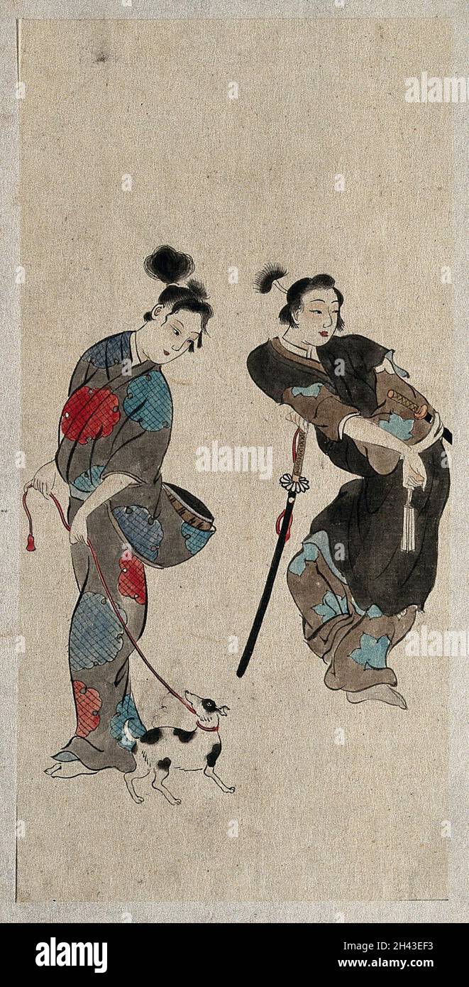 Une femme japonaise prenant un chien pour une promenade par rapport à un samouraï efféminé.Aquarelle, 18--. Banque D'Images