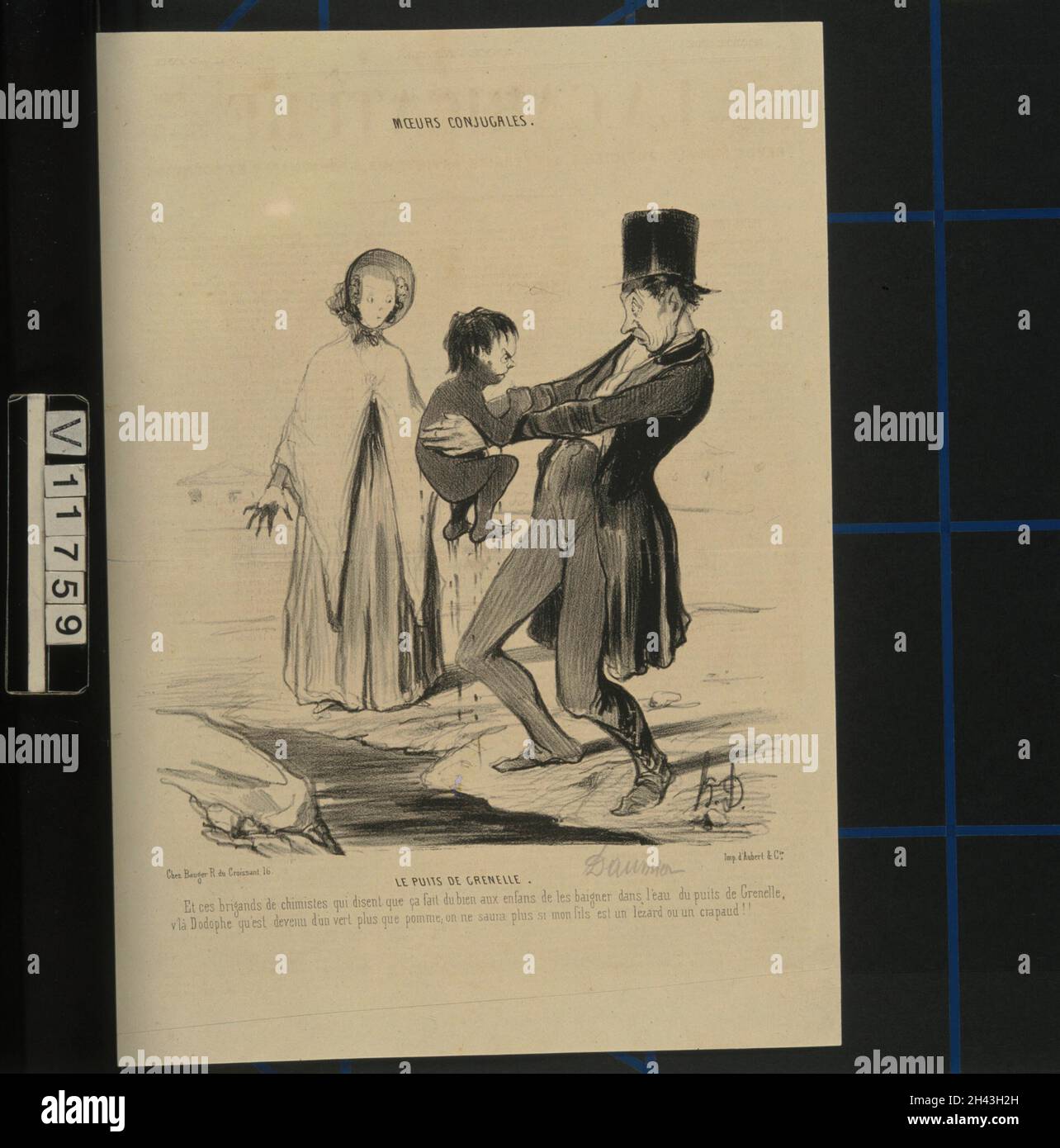 Un père plonge son enfant mécontent dans l'eau du nouveau puits artésien de Grenelle; il émerge couvert de saleté.Lithographie de H. Daumier, 1841. Banque D'Images